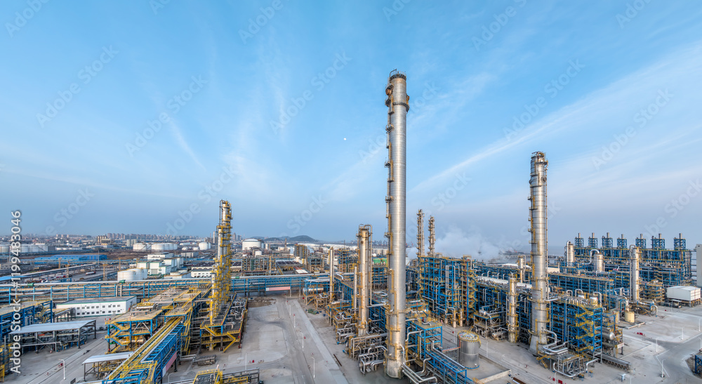 Obraz premium Aerial panoramic view of industrial factory with many towers and buildings
