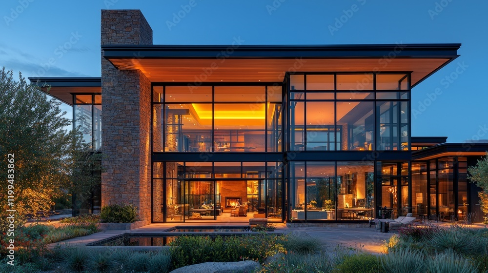 Obraz premium Modern Glass House at Twilight with Warm Illumination