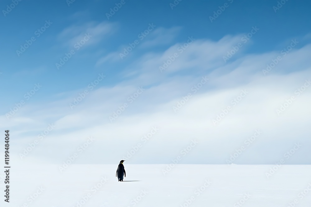 Solitary penguin walks across a pristine Antarctic landscape under dramatic clouds. Solitary penguin walks across a pristine Antarctic landscape under dramatic clouds.