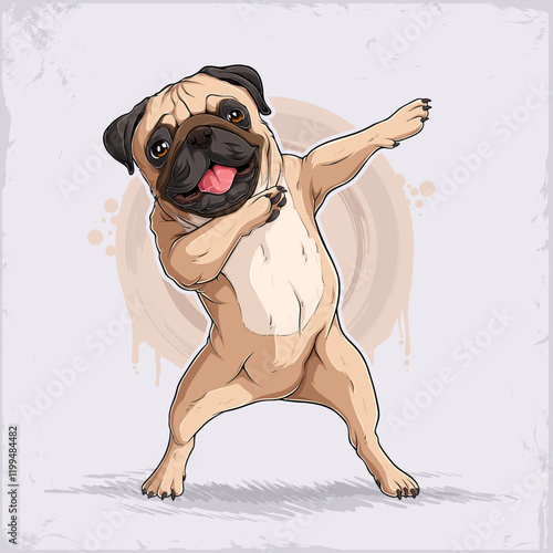 Hand drawn standing cute apricot beige dog breed double mask Pug dabbing domestic dog doing dab move