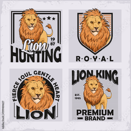 Hand drawn set of lion king designs, collection of lion king labels, wildlife fierce animal logos