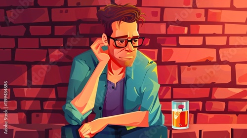 Addicted Man Drinking Alcoholic Beverage Near Red Brick Wall Concept Image photo