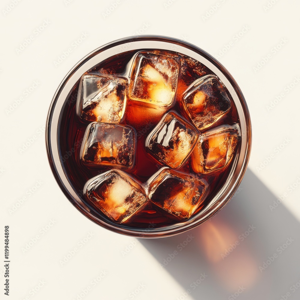 Aerial View of a Glass Filled with Dark Beverage and Ice Cubes Casting Shadows on a Light Surface in a Minimalist Style Aerial View of a Glass Filled with Dark Beverage and Ice Cubes Casting Shadows on a Light Surface in a Minimalist Style