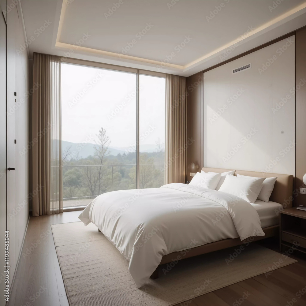 Serene Bedroom with Mountain View: Minimalist Design and Tranquil Atmosphere Serene Bedroom with Mountain View: Minimalist Design and Tranquil Atmosphere