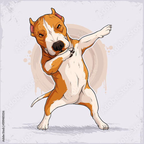 Hand drawn standing brownish tan dog breed pit bull dabbing, cute American terrier doing dab move