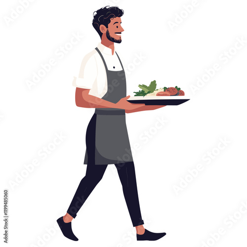 Waiter serving food apron presentation professional vector