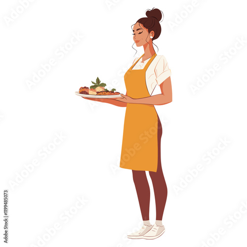 Waitress serving food apron illustration female vector