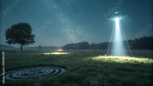 Mysterious night scene with glowing ufo light beam and crop circles. photo