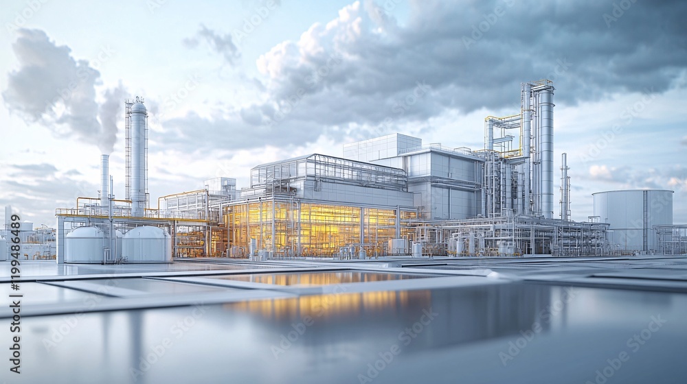 Obraz premium Detailed digital replica of an industrial complex, showcasing optimized operations through BIM workflows for efficiency and precision in design.