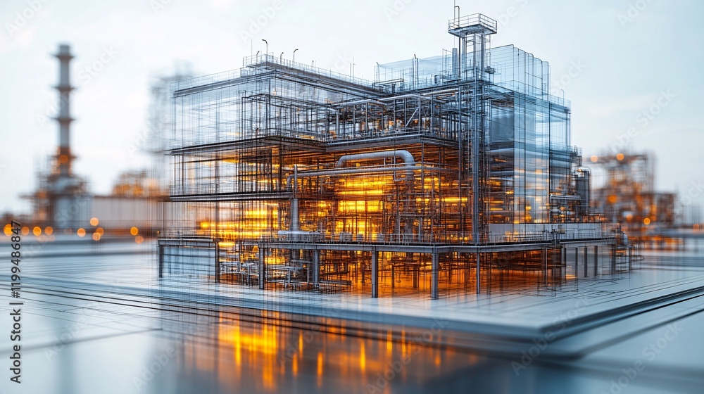 Digital model of an industrial complex, featuring BIM workflows to enhance operational efficiency, highlighting precision and modern engineering. Digital model of an industrial complex, featuring BIM workflows to enhance operational efficiency, highlighting precision and modern engineering.
