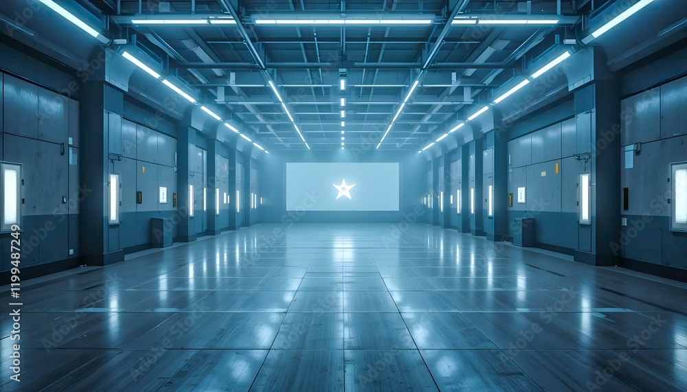 a modern corridor with a grid ceiling, bright fluorescent lighting, and a starburst projection a modern corridor with a grid ceiling, bright fluorescent lighting, and a starburst projection