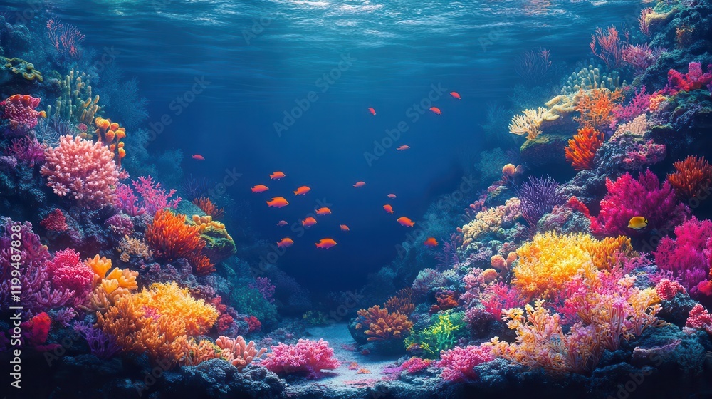 Obraz premium A vibrant underwater scene showcasing colorful coral reefs and schools of fish, illustrating the beauty of marine life.
