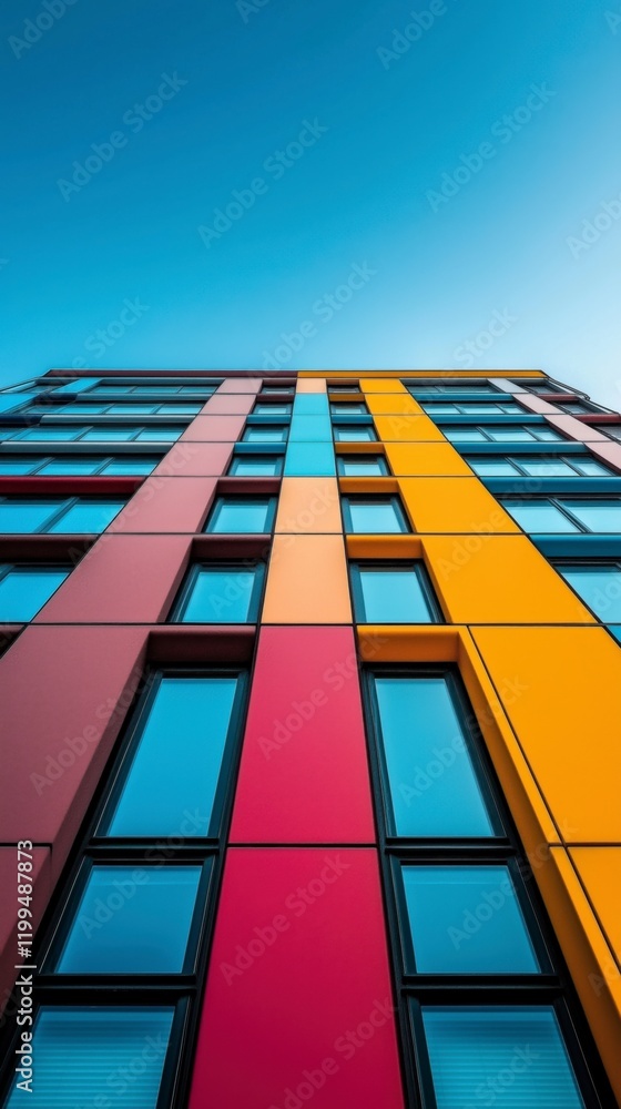 A tall building with many windows and a blue sky in the background. The building is painted in different colors, including red, yellow, and green. The windows are large and clear A tall building with many windows and a blue sky in the background. The building is painted in different colors, including red, yellow, and green. The windows are large and clear