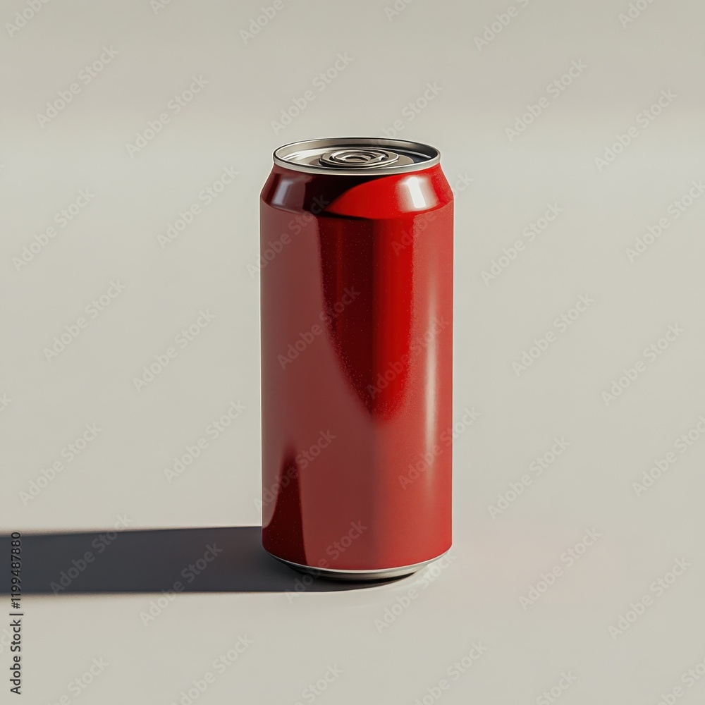 Bright Red Aluminum Can Standing Upright on a Soft Gray Surface with Subtle Shadows, Perfect for Beverage Ads and Minimalist Designs Bright Red Aluminum Can Standing Upright on a Soft Gray Surface with Subtle Shadows, Perfect for Beverage Ads and Minimalist Designs