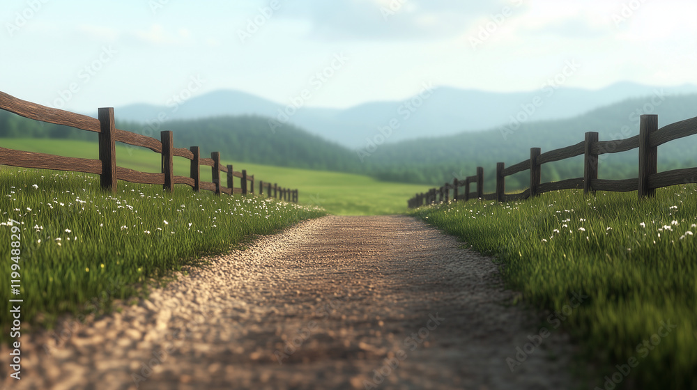 Empty dirt road bordered by old wooden fences and farmland Empty dirt road bordered by old wooden fences and farmland