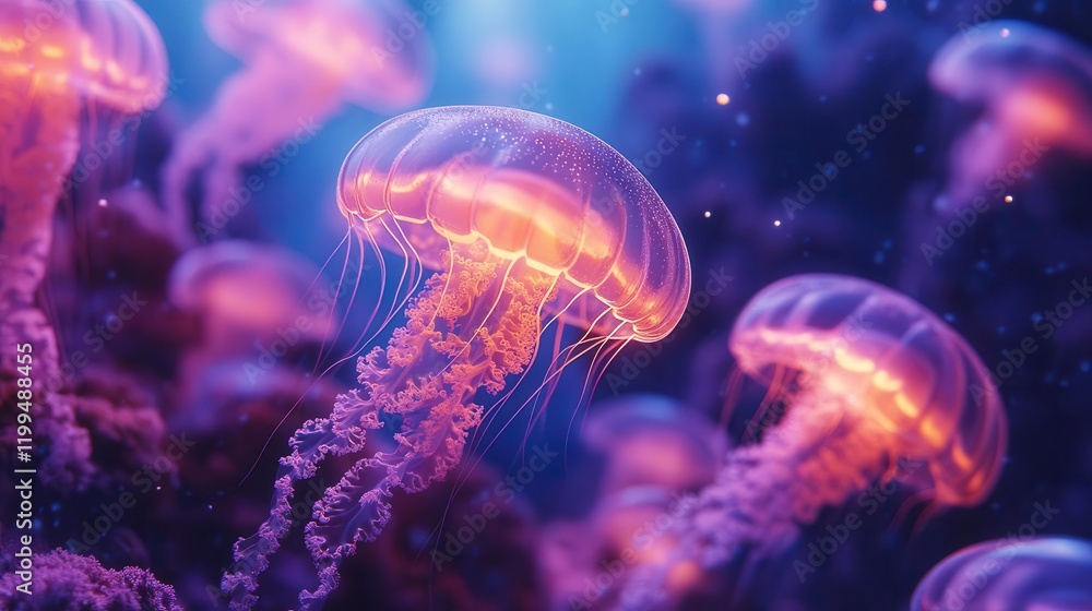 Ethereal jellyfish illuminate the ocean depths with vibrant colors, creating a mesmerizing underwater scene filled with wonder. Ethereal jellyfish illuminate the ocean depths with vibrant colors, creating a mesmerizing underwater scene filled with wonder.