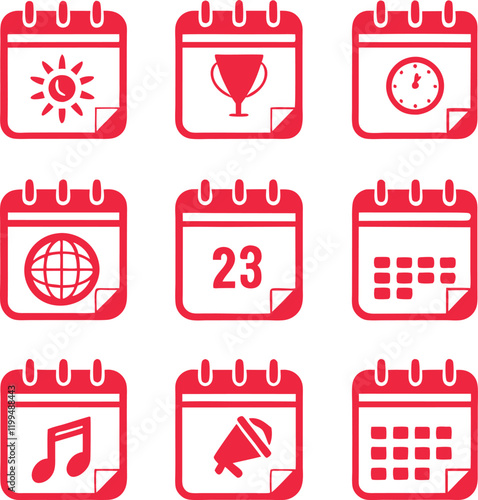 A set of nine red calendar icons, each displaying a different event symbol.