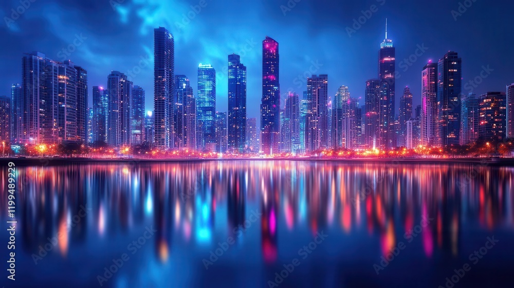 Fototapeta premium A stunning urban skyline at night, illuminated by vibrant lights reflecting on a calm river, showcasing modern architecture and a serene atmosphere.