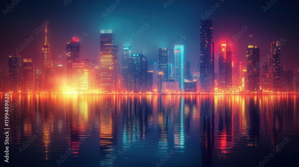 A vibrant city skyline reflecting in water, illuminated by colorful lights at night, creating a stunning urban atmosphere. A vibrant city skyline reflecting in water, illuminated by colorful lights at night, creating a stunning urban atmosphere.