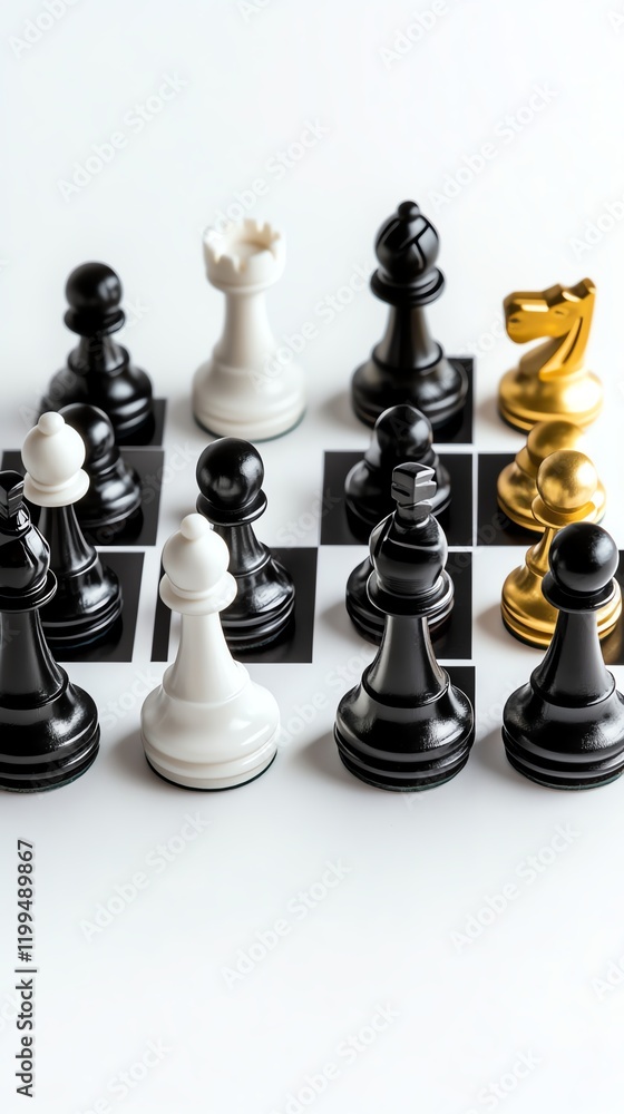 A chessboard with multiple key pieces, symbolizing strategy and teamwork in management, monochrome with golden accents, isolated on white background A chessboard with multiple key pieces, symbolizing strategy and teamwork in management, monochrome with golden accents, isolated on white background