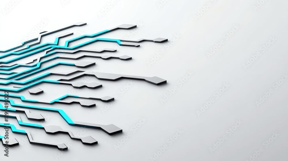Fototapeta premium A futuristic flowchart with glowing arrows, representing streamlined strategy, cyan and grey, isolated on white background