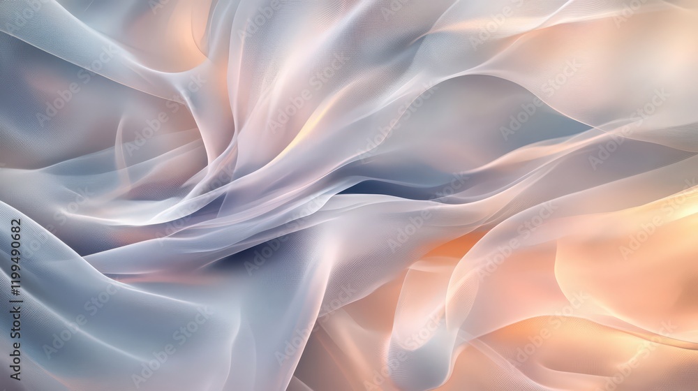 Abstract flowing mesh fabric with gentle gradient colors of pale blue and orange creating soft waves Abstract flowing mesh fabric with gentle gradient colors of pale blue and orange creating soft waves