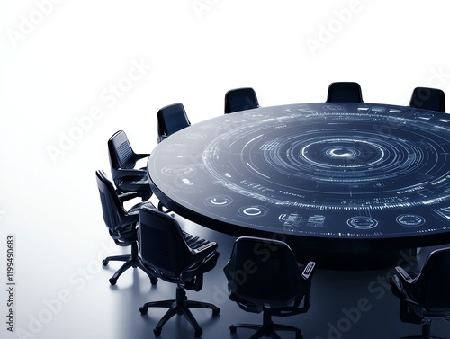 A roundtable discussion, futuristic digital interface overlay, professional setting, navy and silver, isolated on white background