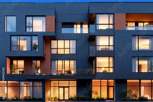 Moderno edificio de gran altura con diseño contemporáneo en un entorno urbano iluminado al anochecer