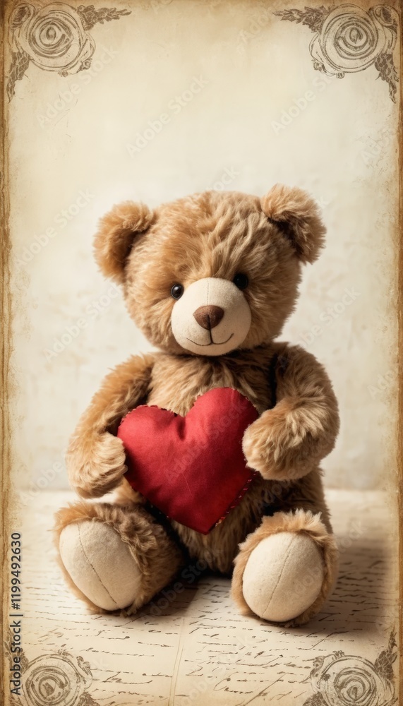 Obraz premium A cute teddy bear holds a red heart in its paws against a vintage background. Perfect for Mother's Day and Valentine's Day, with space for personalized messages.