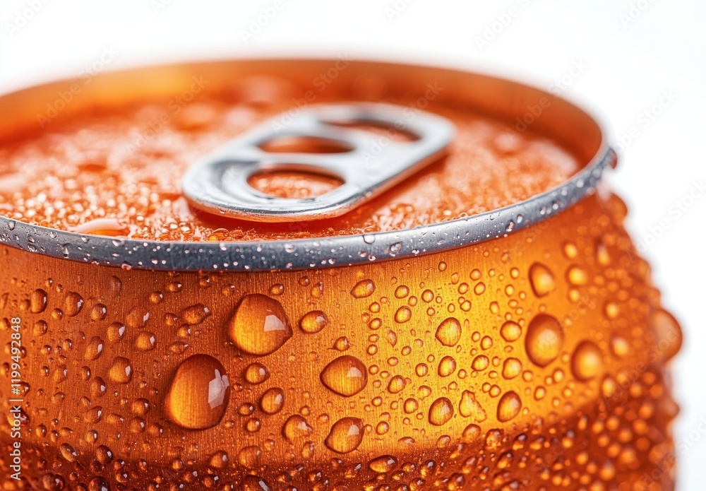 Close-Up of a Condensation-Filled Orange Beverage Can with Water Droplets on the Surface, Showcasing Refreshing Soft Drink and Textured Metal Finish Close-Up of a Condensation-Filled Orange Beverage Can with Water Droplets on the Surface, Showcasing Refreshing Soft Drink and Textured Metal Finish