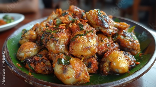 Delicious grilled spicy chicken wings on a plate, perfect for spicy food lovers. photo