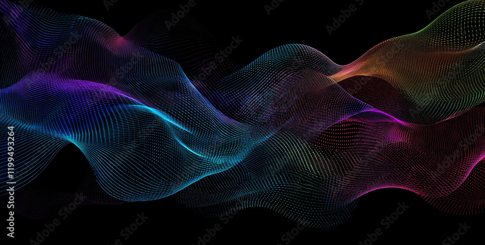 Fototapeta premium An abstract digital background showcasing vibrant lines and dots forming dynamic sound wave patterns, symbolizing data flow and information exchange, set against a sleek black backdrop