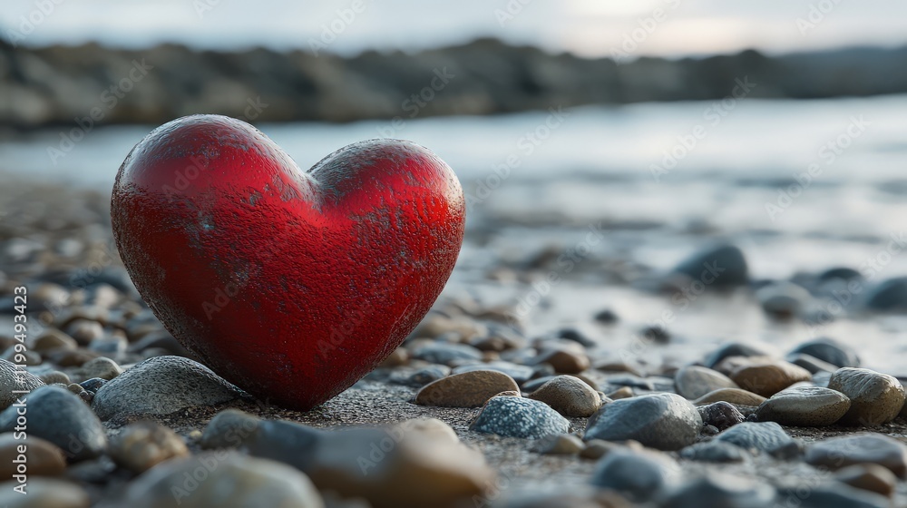 Fototapeta premium Scattered along the sandy shore, smooth, heart-shaped stones glisten under the soft glow of the setting sun. 