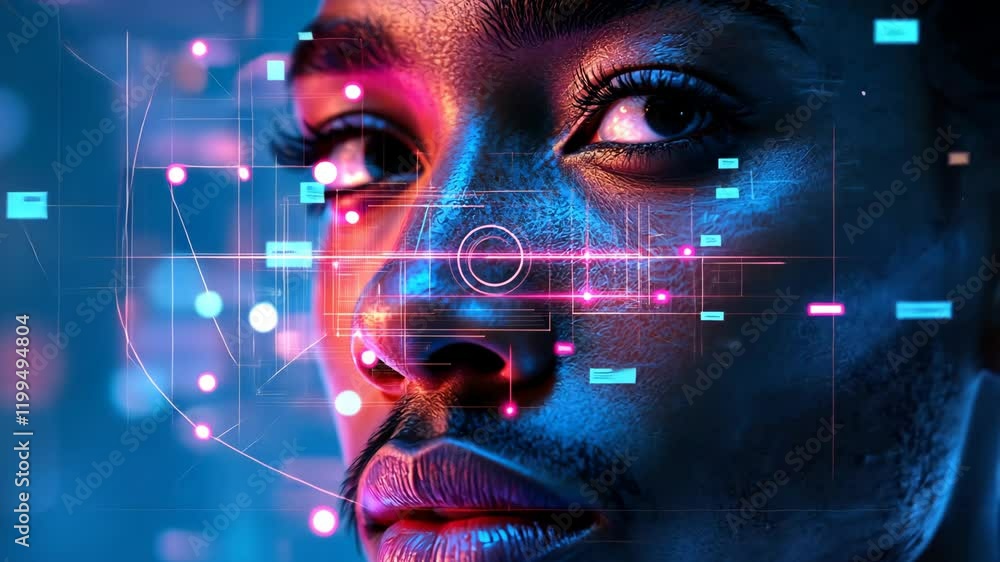 Futuristic digital interface with facial recognition and data visualization Futuristic digital interface with facial recognition and data visualization