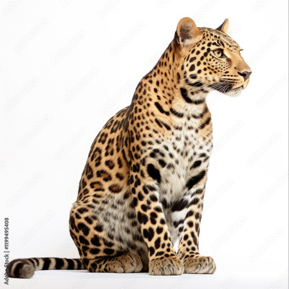Leopard Sitting. Close-up Half Face of Majestic Animal Relaxing and Looking Away. Isolated Cut-out Studio Shot of Big Cat on White Background Leopard Sitting. Close-up Half Face of Majestic Animal Relaxing and Looking Away. Isolated Cut-out Studio Shot of Big Cat on White Background