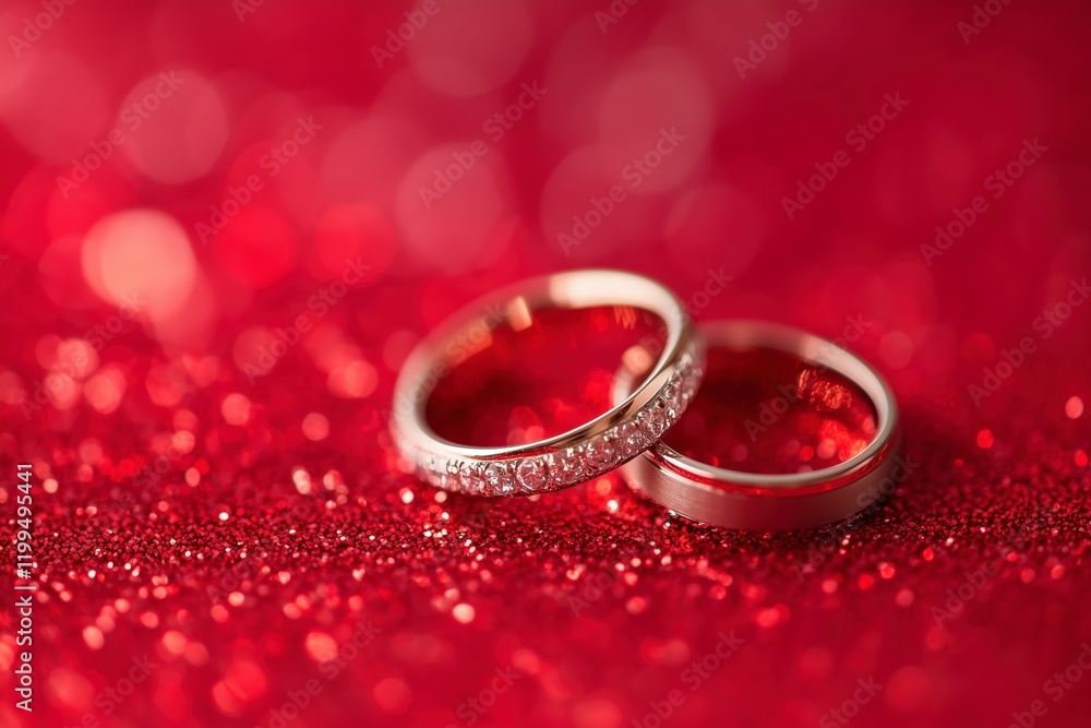 Two wedding rings are placed on a red background. The rings are made of gold and have diamonds on them. Concept of love and commitment, as the rings are often exchanged during a wedding ceremony Two wedding rings are placed on a red background. The rings are made of gold and have diamonds on them. Concept of love and commitment, as the rings are often exchanged during a wedding ceremony