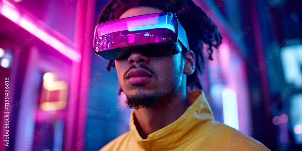 A young man in a futuristic neon-lit urban setting. He wears stylish glasses that reflect colorful lights. The image captures a vibrant atmosphere, ideal for tech and fashion themes. AI A young man in a futuristic neon-lit urban setting. He wears stylish glasses that reflect colorful lights. The image captures a vibrant atmosphere, ideal for tech and fashion themes. AI