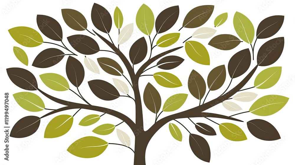 a tree with leaves in green, brown, and beige colors on a white background a tree with leaves in green, brown, and beige colors on a white background