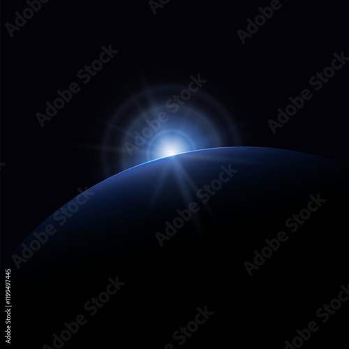 View from space, blue star rises above the planet, the sun rising over the earth, rays and glare over the earth , space background, vector illustration