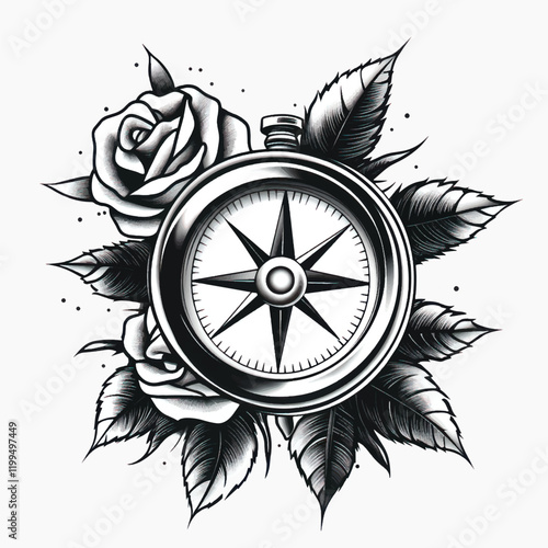 Compass with roses tattoo design, old school tattoo vector