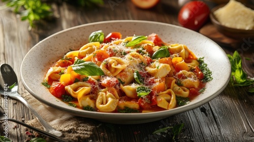 Close up of delicious tortellini soup on white plate