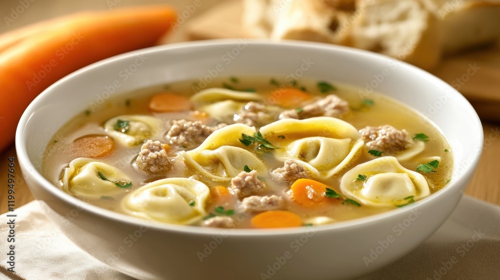 Close up of delicious tortellinin soup on a bowl Close up of delicious tortellinin soup on a bowl