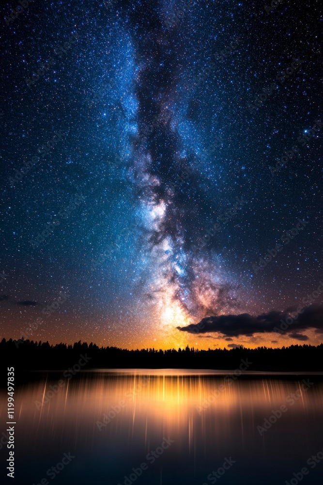 Majestic Starry Sky Above a Serene Lake with Rippling Clouds and Glimmering Reflection at Dusk Captured in Vibrant Detail Majestic Starry Sky Above a Serene Lake with Rippling Clouds and Glimmering Reflection at Dusk Captured in Vibrant Detail