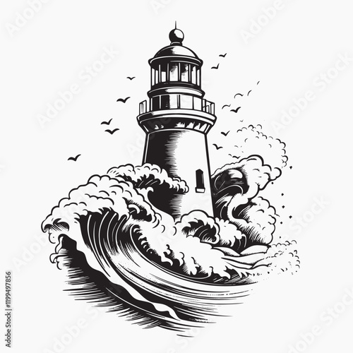 Lighthouse amidst turbulent ocean waves, old school tattoo vector