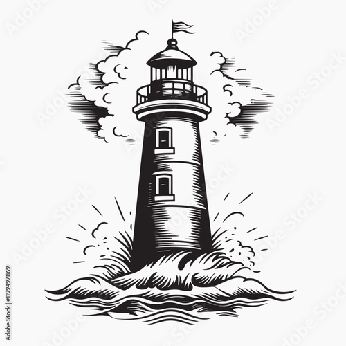 Vintage lighthouse amidst crashing waves, old school tattoo vector