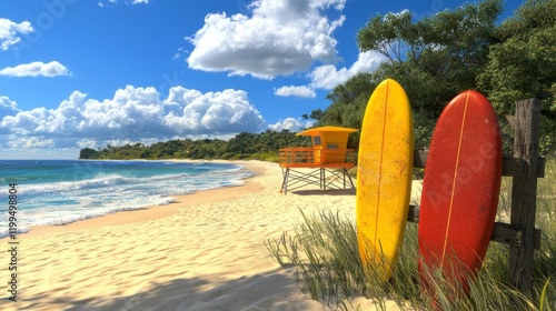 Idyllic Tropical Beach Scene Surfboards Lifeguard Tower and Azure Ocean