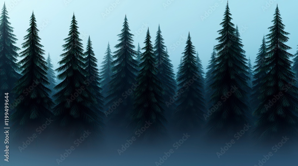 Fototapeta premium Mysterious Foggy Forest Scene with Tall Pine Trees and Dim Ambient Light, Creating an Enchanting Atmosphere of Serenity and Intrigue in Nature
