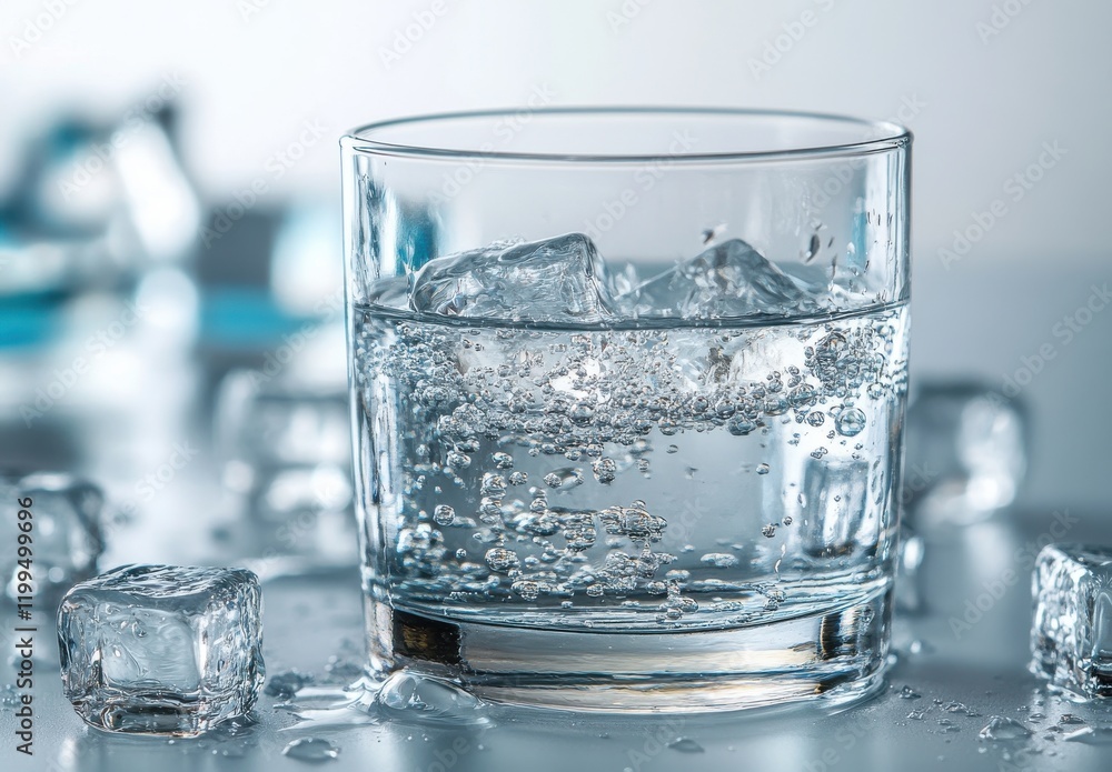 Close-Up of Refreshing Sparkling Water with Ice Cubes in a Clear Glass on a Light Table, Creating Bubbling and Effervescent Visuals for Drink Lovers Close-Up of Refreshing Sparkling Water with Ice Cubes in a Clear Glass on a Light Table, Creating Bubbling and Effervescent Visuals for Drink Lovers