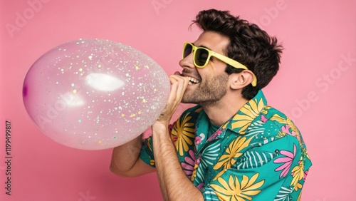 A man in a colorful Hawaiian shirt flashing a cheeky smile while wearing neon sunglasses. He playfully pretends to blow up a huge glittery neon balloon that is ly able to contain photo