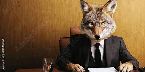 Coyote in suit sitting at a desk in an office setting photo